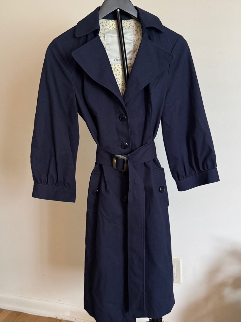 Beth Bowley Navy Crop Sleeve Belted Trench Boutique Coat Size XS/S